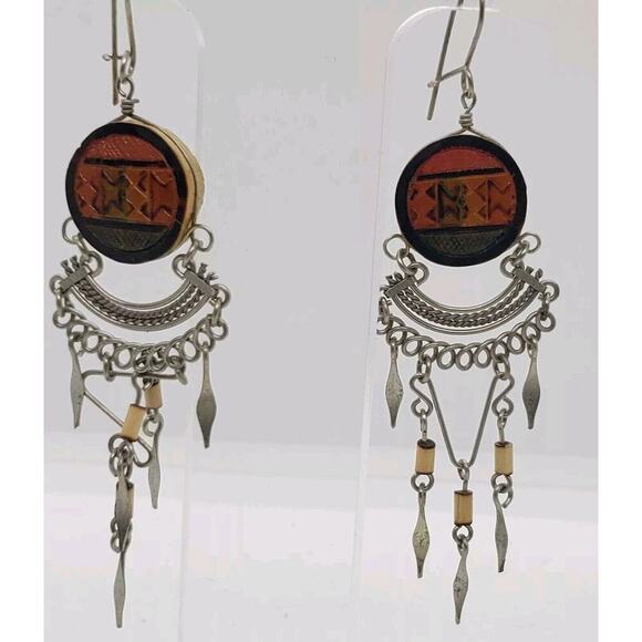 Artisan Jewelry - Vintage Earrings Carved Wood & Silver Handmade Boho Long Dangle Drop Ethnic